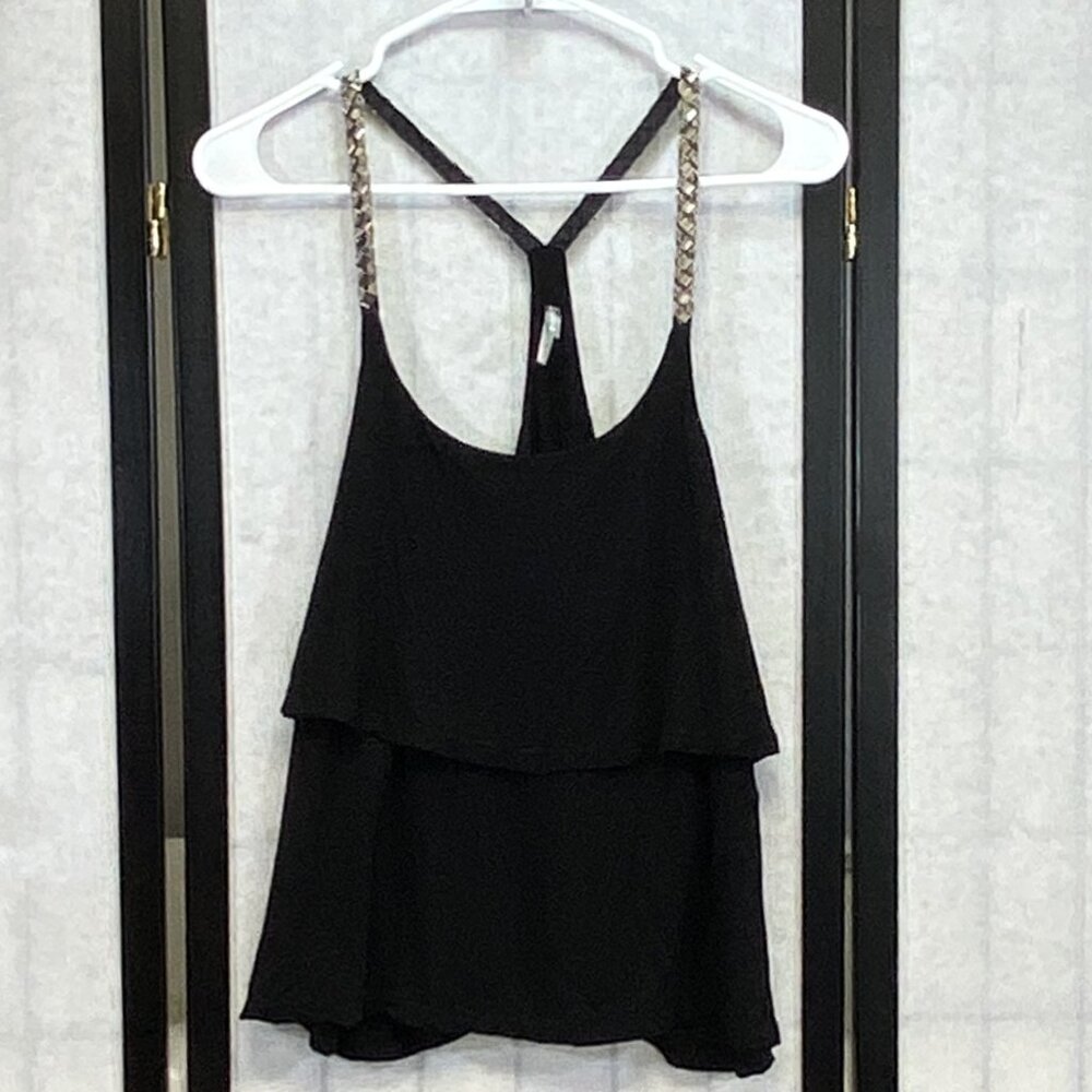 Vanity Y Back Beaded Strap Tiered Ruffled Layered Flowy Tank Top Black L